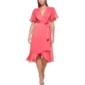 4947751 DKNY Petites Womens Flutter Sleeves Belted Midi Dress