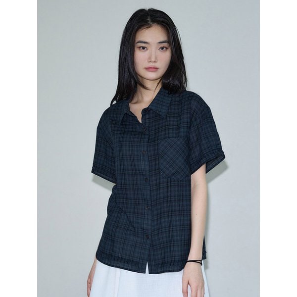 레이어드 컷아웃 체크 하프 셔츠 [navy]