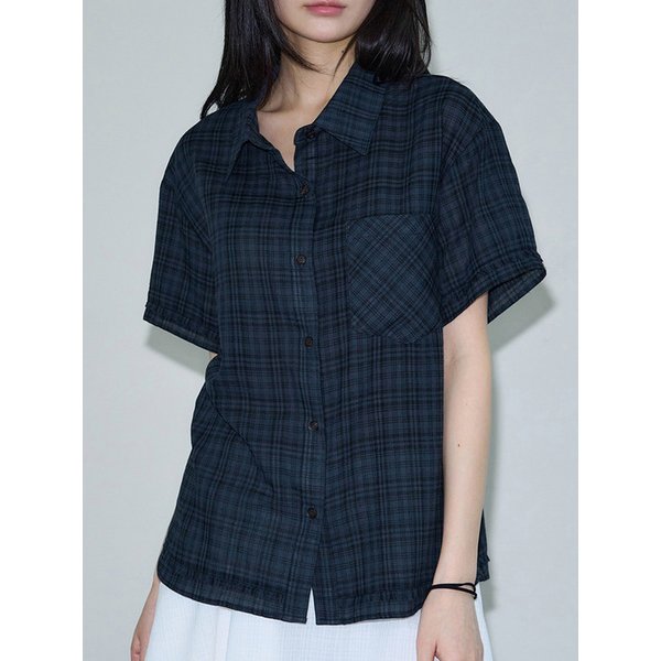레이어드 컷아웃 체크 하프 셔츠 [navy]