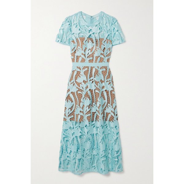 그로그랭 트리밍 자수 새틴 기퓌르 레이스 미디 드레스 블루 1647597324583837