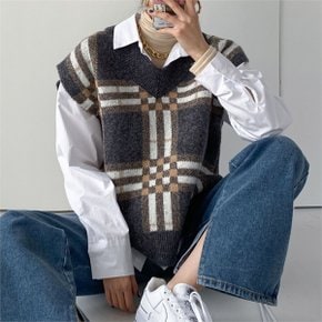 체크 브이 박스 니트조끼_P090271457