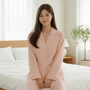 국산 순면 100% 40수 여성 체크 파자마 세트 9부