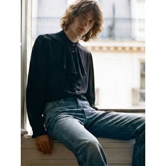 언티지 Band Collar Flounced-Placket Blouse[Black(MAN)]_UTS-FS92