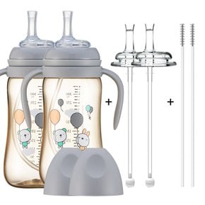 [1+1] 순수아 역류방지 PPSU 빨대컵 300ml-2개+꼭지-2개+추빨대-2개+빨대솔-2개