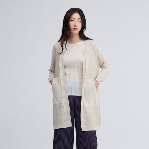 플리츠미 시스루 V넥 꽈배기 롱 니트 가디건_EKCDM225010