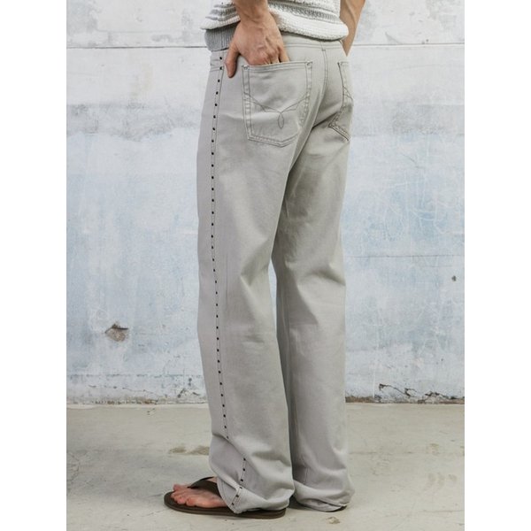 Men Side Studded Gray Denim Pants, Light Gray