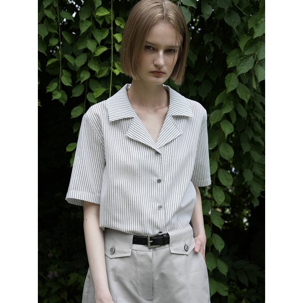 [리퍼브] MIGA STRIPE  LINEN COTTON OPEN COLLAR SHIRTS BLOUSE (IVORY)
