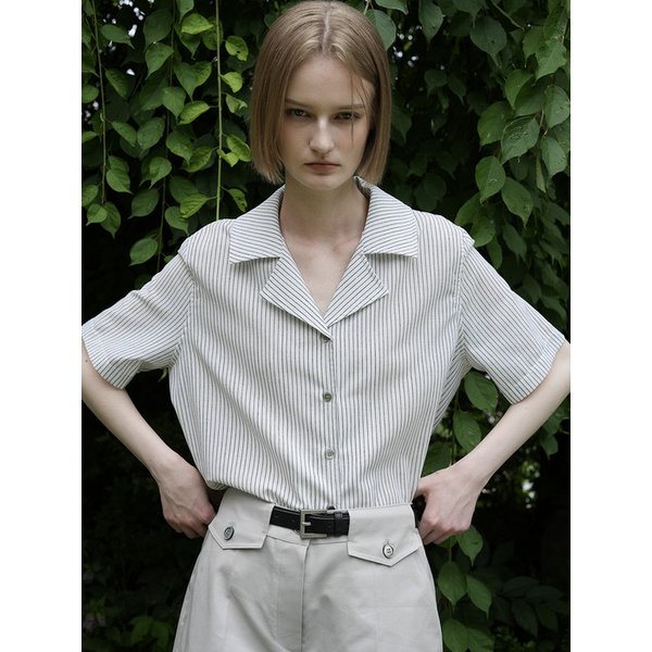 [리퍼브] MIGA STRIPE  LINEN COTTON OPEN COLLAR SHIRTS BLOUSE (IVORY)