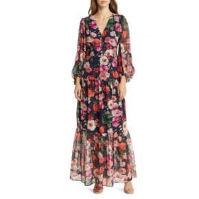 4600788 Eliza J Floral Long Sleeve Chiffon Maxi Dress