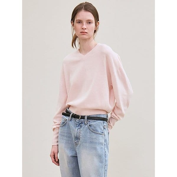 cashmere whole garment v-neck knit pullover (pale pink)
