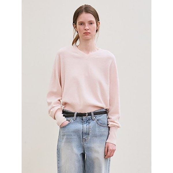 cashmere whole garment v-neck knit pullover (pale pink)