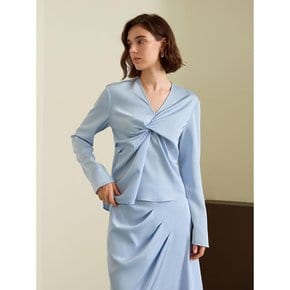 YY_Blue elegant pleated v-neck shirt