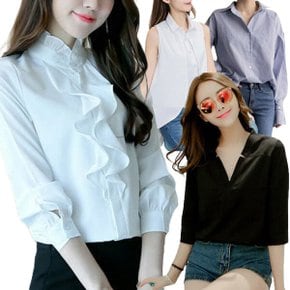여성 루즈핏 블라우스셔츠 정장 흰색 블랙 브라우스 프릴 퍼프소매 스트라이프 레이어드룩