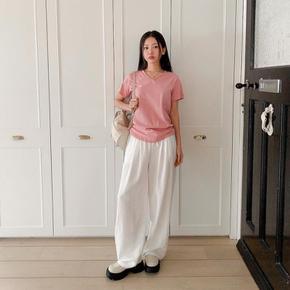 여성 V넥 무지컬러 코튼 반소매 티셔츠