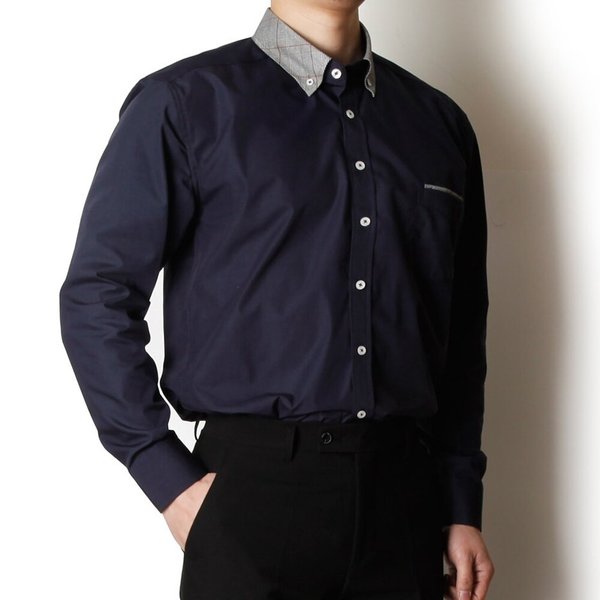 남자 캐주얼 배색 체크카라 포켓 와이셔츠 KSM-SHA-SJ0420007