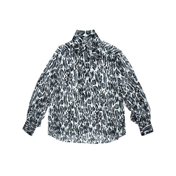 BLACK LEOPARD PRINT BOW TIE BLOUSE
