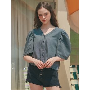 UP-240 V네크 셔링소매 블라우스 그레이  . V NECK SHIRRING SLEEVE BLOUSE_GRAY