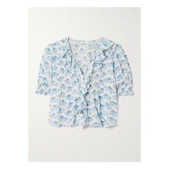 D&Ocirc;EN 도엔 헨리 러플 핀턱 플로럴 프린트  코튼 보일 탑 블루 1647597357418113