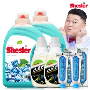 강호동의 쉬슬러 액상 세제 후레쉬 3.05L 2개+스포츠의류전용 650ml 2개+치석케어 치약 100g 2개.