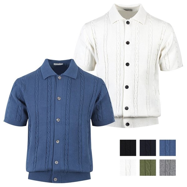 남자 부클 레귤러 버튼 카라넥 반팔 가디건 AT-KNH-Q032-카키