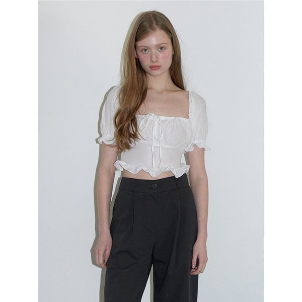 crop smock shirring blouse - white