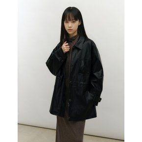 DRAWSTRING LEATHER HALF JACKET [BLACK]