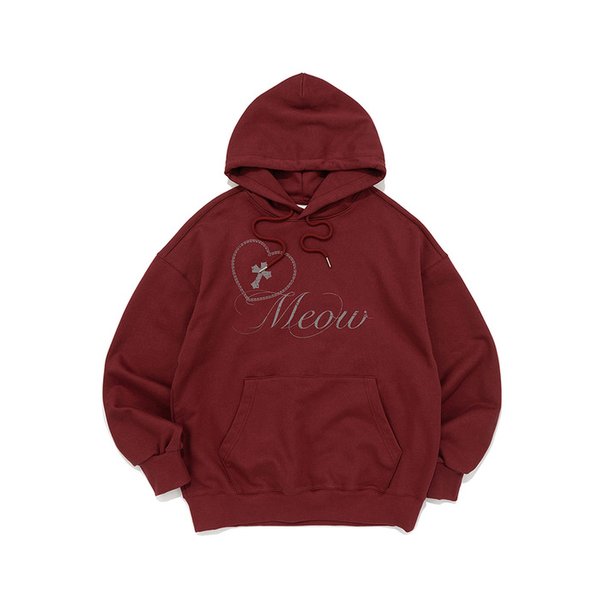 CROSS HEART MEOW PRINT HOODIE (BURGUNDY)