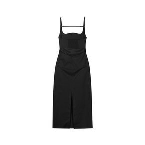 Square neck strap back smocking dress (Black)