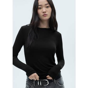 망고(MANGO) 망고 라운드넥 긴팔 티셔츠 77006724 NEGRO