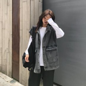 여성 루즈핏 블랙 데님 베스트 흑청 환절기 간절기 조끼