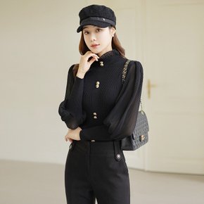 레티엔 트윈버튼 플리츠 슬리브 니트 블라우스