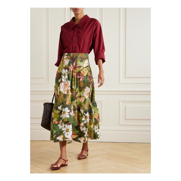 팜리오 보타니컬 포레스트 비대칭 티어드 리넨 혼방 미디 스커트 그린 1647597359318877