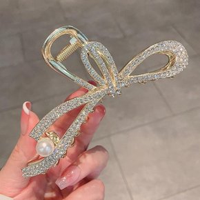 여성 올림머고급리 리본 큐빅 머리 헤어 집게 핀 골드