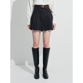 Belt Set Pleats Mini Skirt [Black]