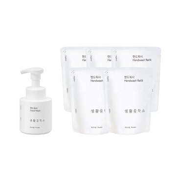 생활공작소 핸드워시 용기 250ml x 1개 + 리필 200ml 5개(파우더/청포도/사과)