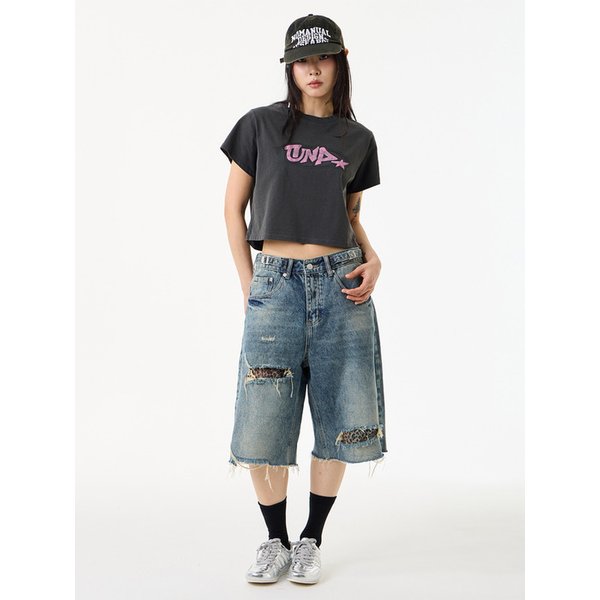 레오파드 패치 디스 데님 하프 팬츠 블루_Leopard Patch Distressed Denim Half Pants Blue