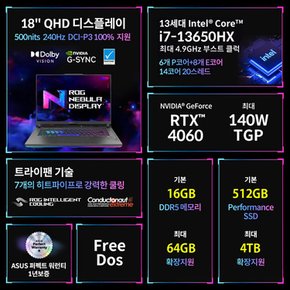 ROG STRIX G18 G814JV-N6069OS 게이밍노트북 인텔 13세대 RTX4060 QHD DCI-P3 100%