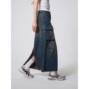 샌드워싱 카고 데님 롱 스커트 빈티지 블루_Sandwashing Cargo Denim Long Skirt Vintage Blue