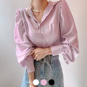 셔츠카라 싱글버튼 셔링 블라우스 GBSBL025P _P336342997