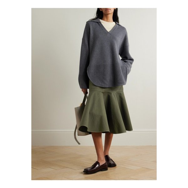 러플 가죽 트리밍 코튼 트윌 미디 스커트 밀리터리 그린 1647597350671360