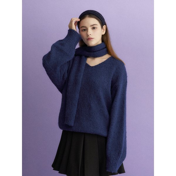 [SET] V-Neck Pullover Oversized Knit Muffler Set (NAVY)