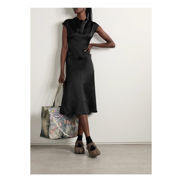 드레이프 실크 새틴 미디 드레스 블랙 1647597355986596