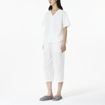 JAJU 여 시어서커 브이넥 반팔 파자마 셔츠(WHITE / NAVY)