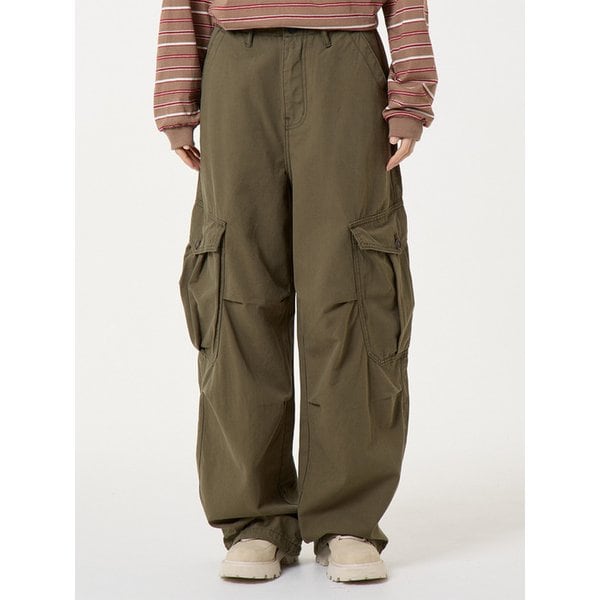 턱주름 와이드 스트링 카고 면팬츠 카키_Tunk Wide String Cargo Cotton Pants Khaki