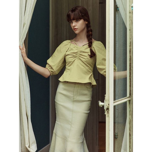[리퍼브] Ruched Strap Blouse_Driedmoss