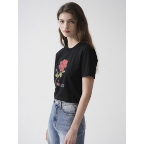 Rose Art Work Printing Crop T-shirt (Black)