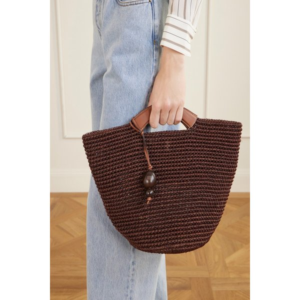 헌팅시즌 라지 가죽 트리밍 위빙 라피아 토트백 다크 브라운 46376663163024207
