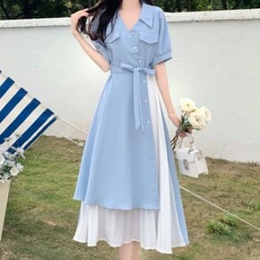/ NO891 레이어드 산뜻 리본 반팔 셔츠 원피스