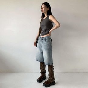 [옷자락] 여성 빈티지 워싱 버뮤다 와이드 하프 데님 팬츠