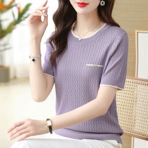 이튜 배색 반팔 니트